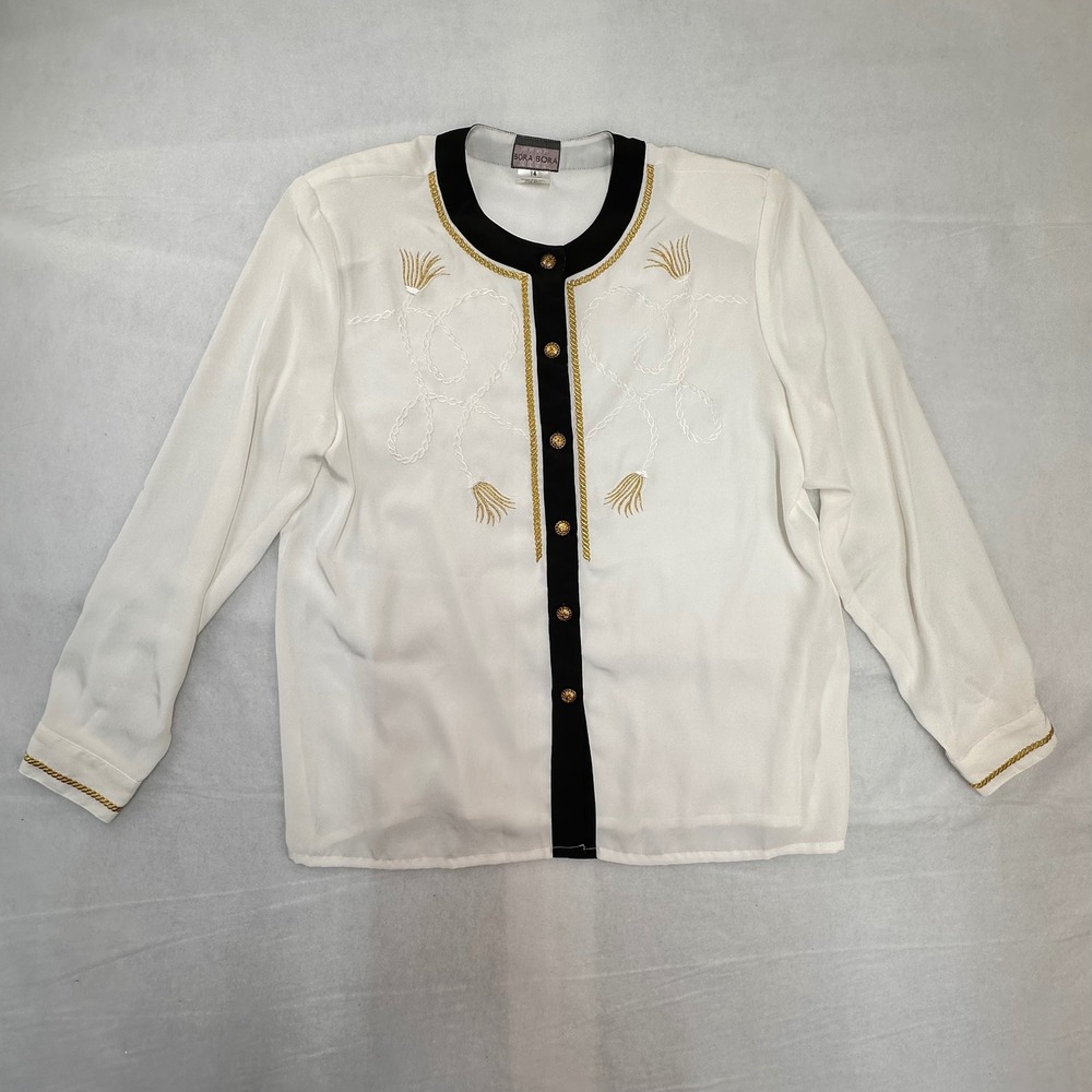 Bora Bora Vintage White Gold Embroidered Button Front Blouse 14 Shoulder Pads